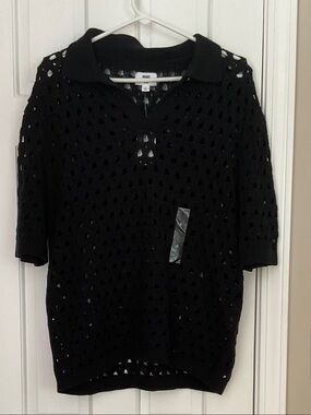 Cotton On Black Open-Knit V-Neck Polo Sweater
